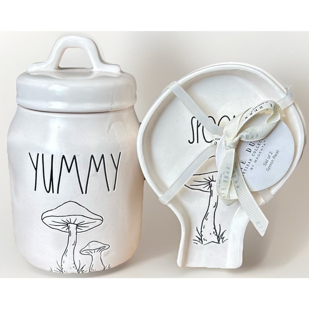 3PC SET RAE DUNN YUMMY Mushroom Canister& Lid Kitchen SPOON Rest Farmhouse Retro